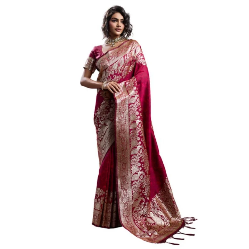 Alternative view of Women's Silk Blend Printed Saree With Unstitched Blouse 5.5Mtr (Maroon)