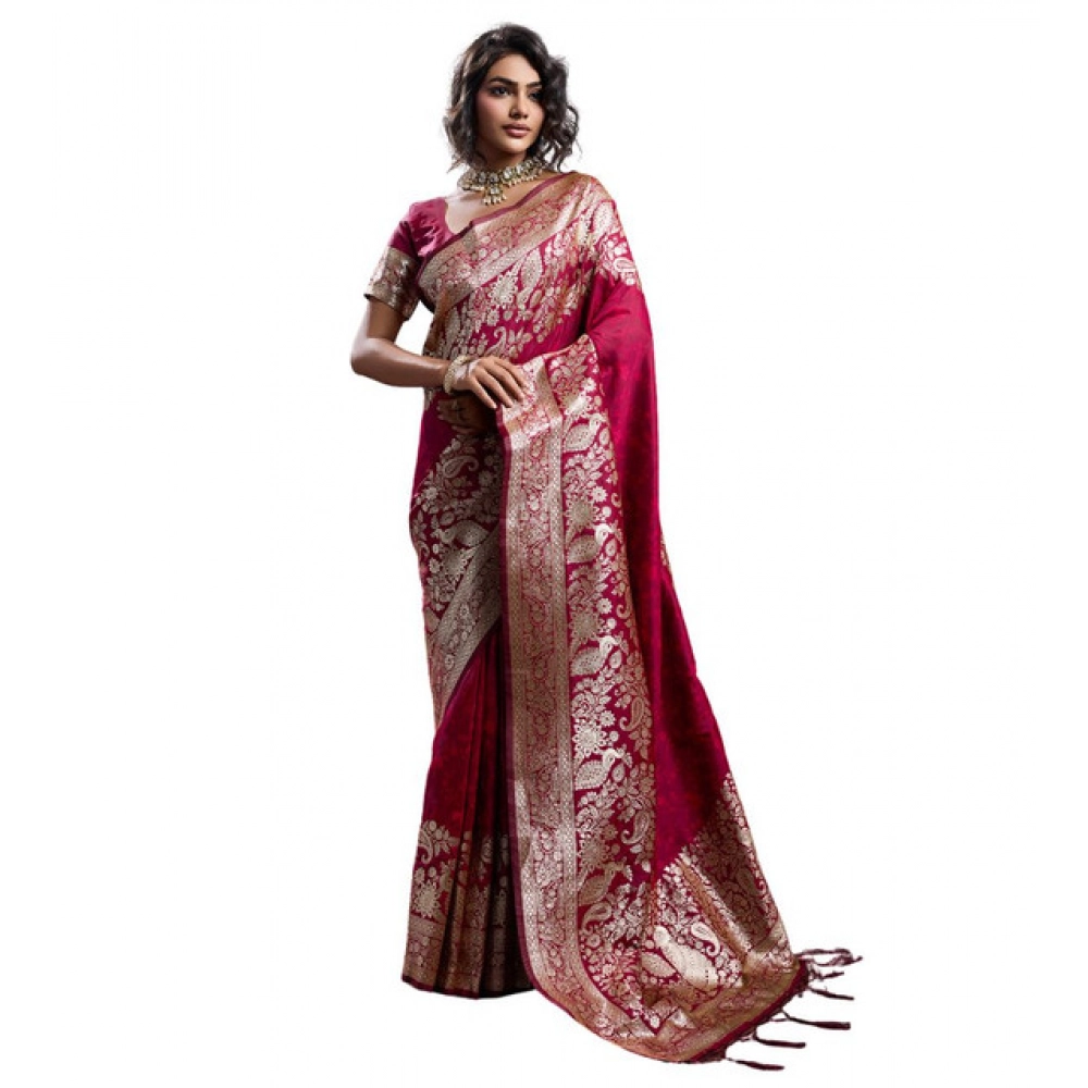 Women's Silk Blend Printed Saree With Unstitched Blouse 5.5Mtr (Maroon) - Image 2