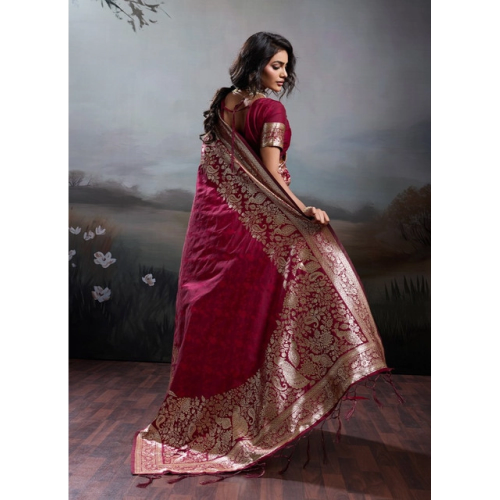 Women's Silk Blend Printed Saree With Unstitched Blouse 5.5Mtr (Maroon) - Image 3