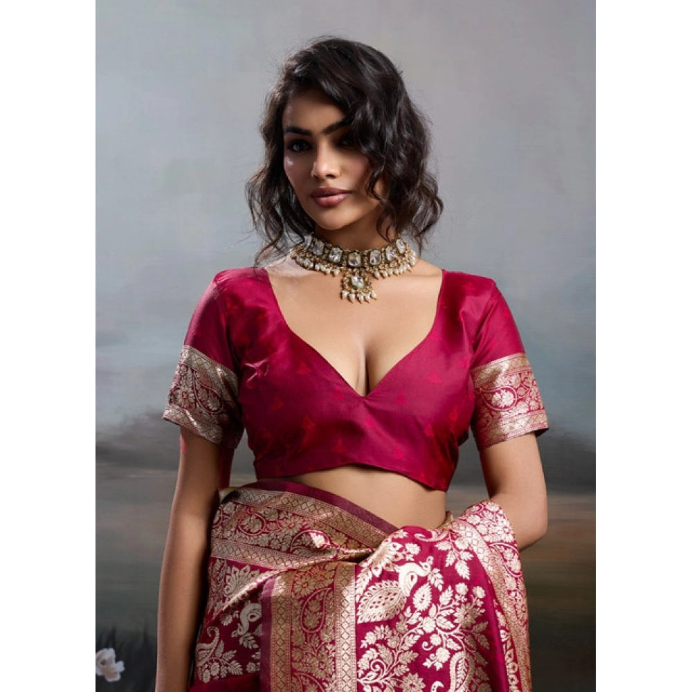 Women's Silk Blend Printed Saree With Unstitched Blouse 5.5Mtr (Maroon) - Image 4