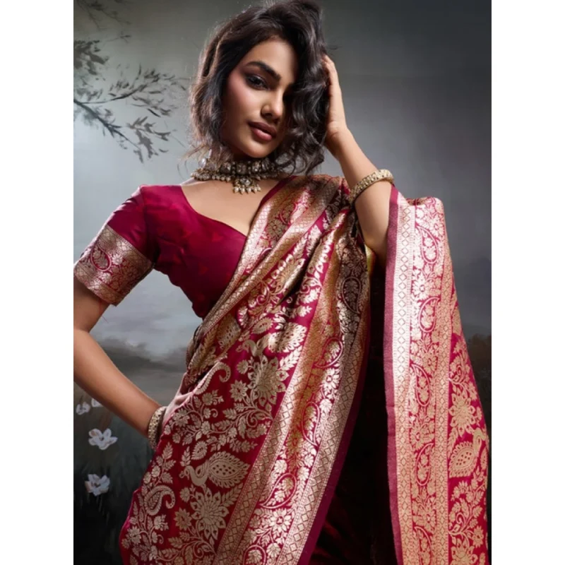Women's Silk Blend Printed Saree With Unstitched Blouse 5.5Mtr (Maroon) - Image 5
