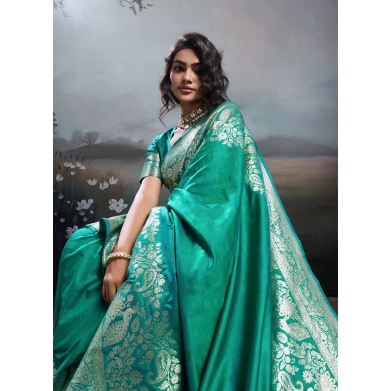 Women's Silk Blend Printed Saree With Unstitched Blouse 5.5Mtr (Teal Green)