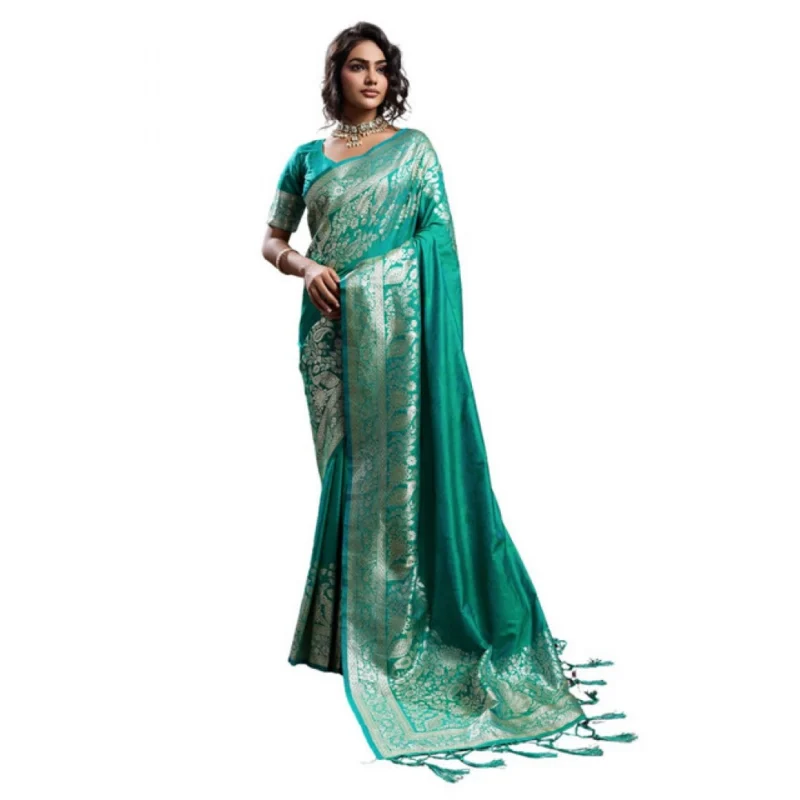 Alternative view of Women's Silk Blend Printed Saree With Unstitched Blouse 5.5Mtr (Teal Green)