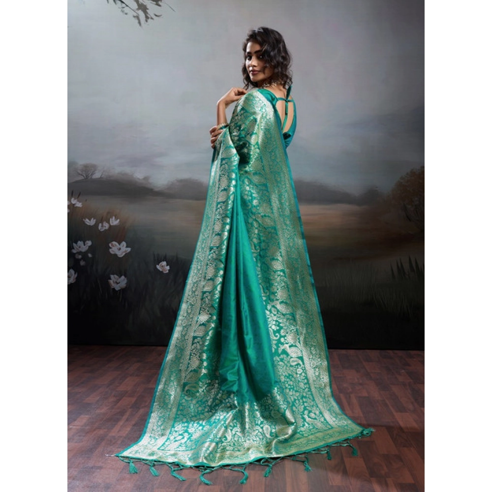 Women's Silk Blend Printed Saree With Unstitched Blouse 5.5Mtr (Teal Green) - Image 3