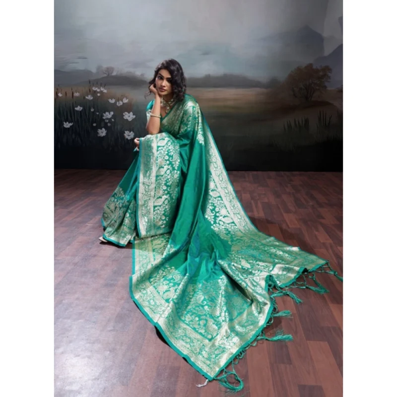 Women's Silk Blend Printed Saree With Unstitched Blouse 5.5Mtr (Teal Green) - Image 4