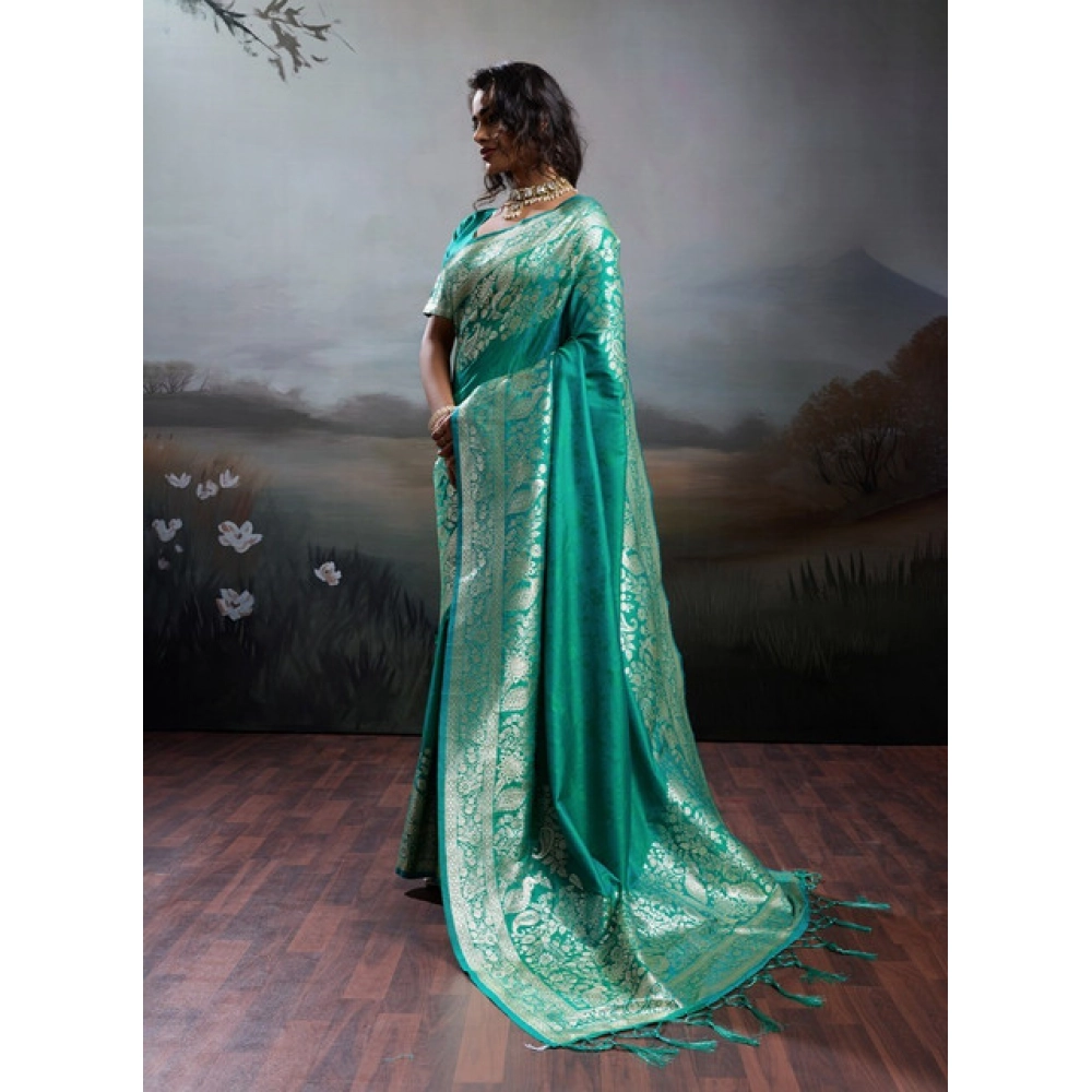 Women's Silk Blend Printed Saree With Unstitched Blouse 5.5Mtr (Teal Green) - Image 5