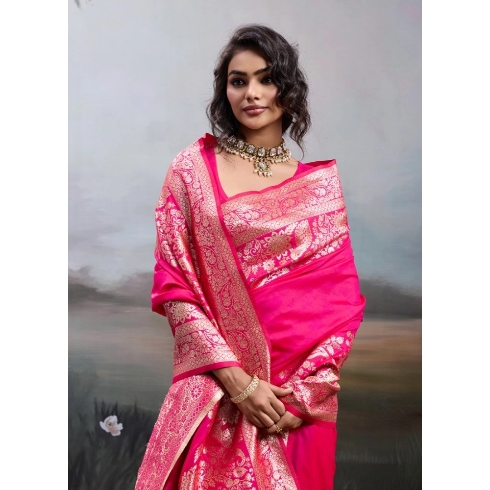Women's Silk Blend Printed Saree With Unstitched Blouse 5.5Mtr (Pink)