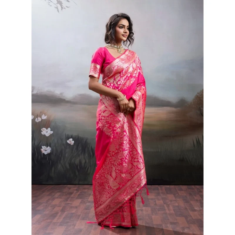 Women's Silk Blend Printed Saree With Unstitched Blouse 5.5Mtr (Pink) - Image 3