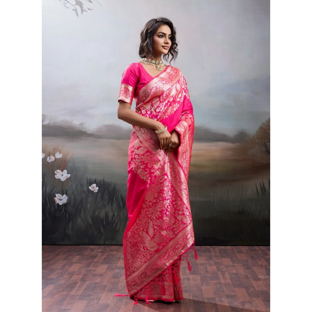 Women's Silk Blend Printed Saree With Unstitched Blouse 5.5Mtr (Pink) - Image 3
