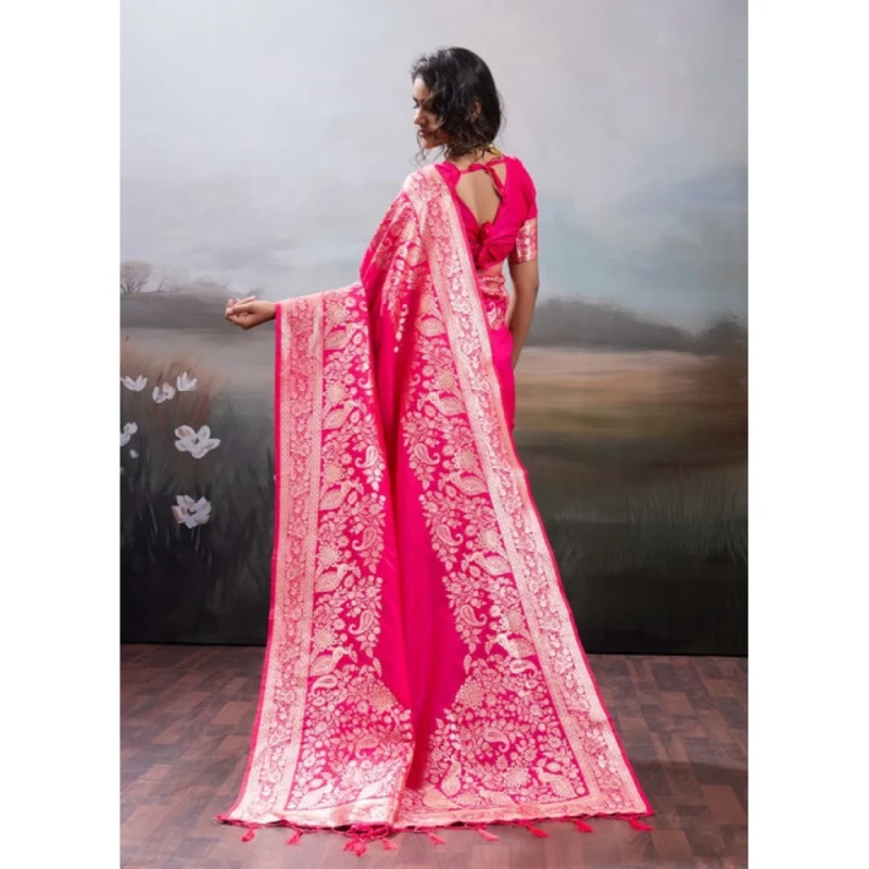 Women's Silk Blend Printed Saree With Unstitched Blouse 5.5Mtr (Pink) - Image 4