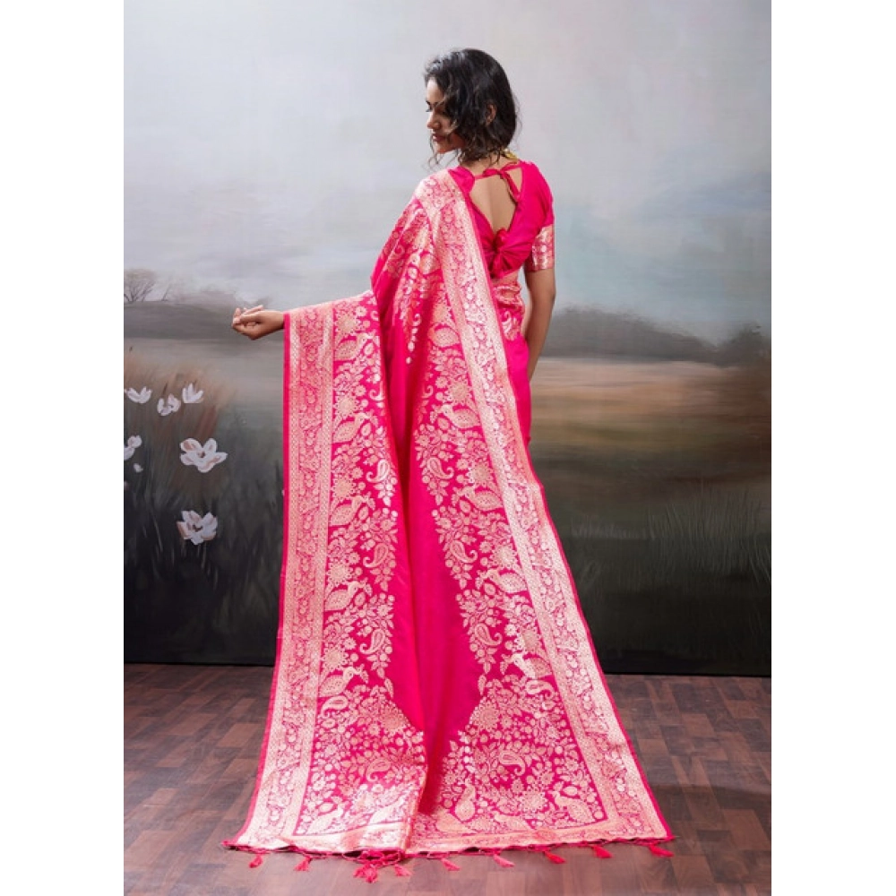 Women's Silk Blend Printed Saree With Unstitched Blouse 5.5Mtr (Pink) - Image 4