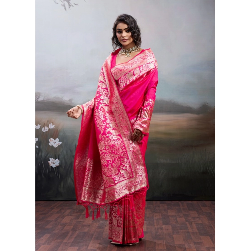 Women's Silk Blend Printed Saree With Unstitched Blouse 5.5Mtr (Pink) - Image 5