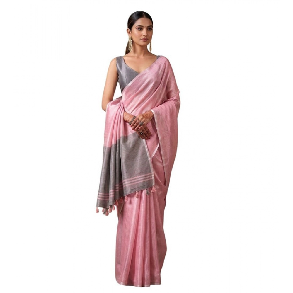 Women's Tissue Silk Solid Saree With Unstitched Blouse 5.5Mtr (Baby Pink) - Image 2