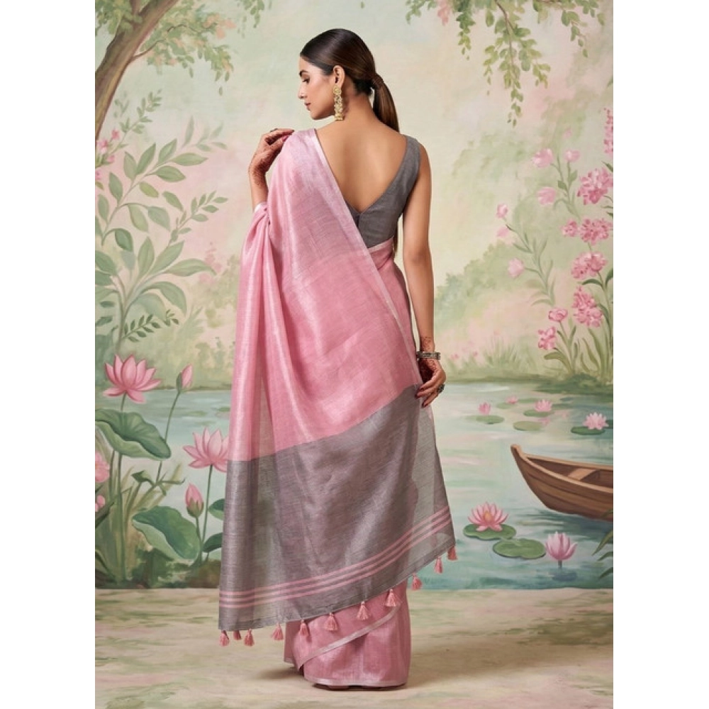 Women's Tissue Silk Solid Saree With Unstitched Blouse 5.5Mtr (Baby Pink) - Image 3
