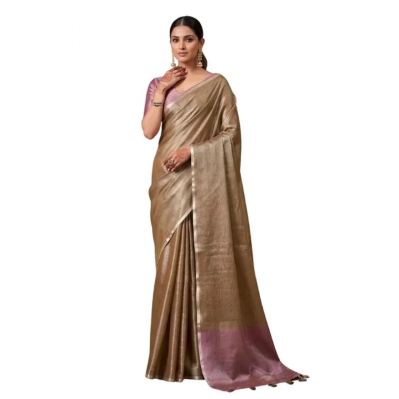 Women's Tissue Silk Solid Saree With Unstitched Blouse 5.5Mtr (Brown) - Image 2