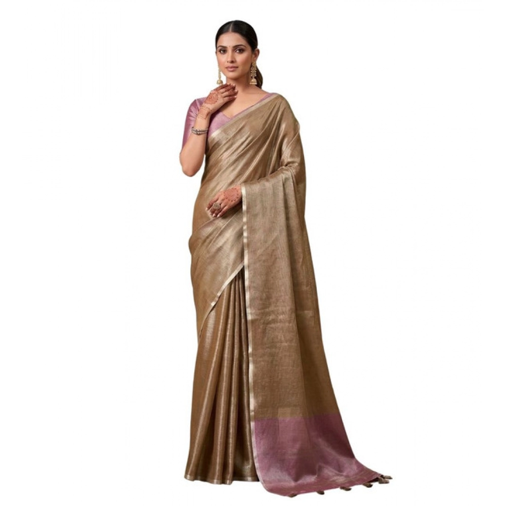 Women's Tissue Silk Solid Saree With Unstitched Blouse 5.5Mtr (Brown) - Image 2