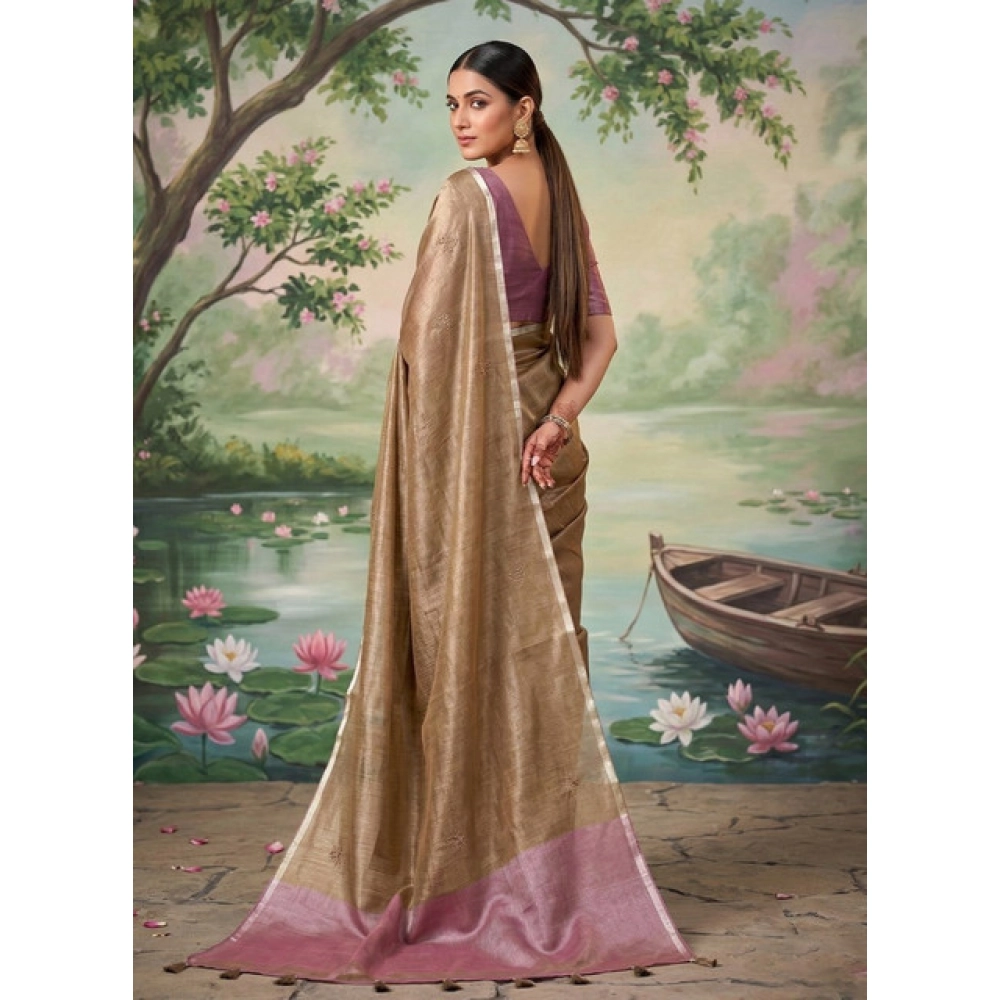 Women's Tissue Silk Solid Saree With Unstitched Blouse 5.5Mtr (Brown) - Image 3