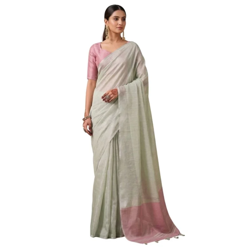 Women's Tissue Silk Solid Saree With Unstitched Blouse 5.5Mtr (Silver) - Image 2