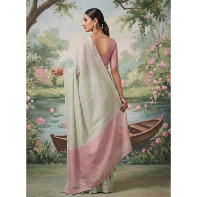 Women's Tissue Silk Solid Saree With Unstitched Blouse 5.5Mtr (Silver) - Image 3