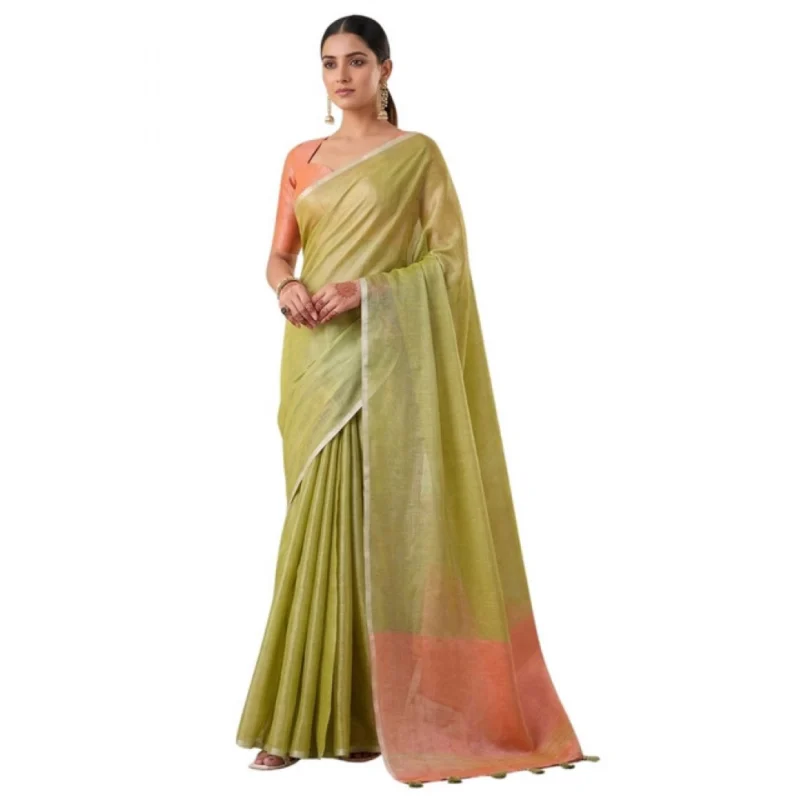Women's Tissue Silk Solid Saree With Unstitched Blouse 5.5Mtr (Green) - Image 2