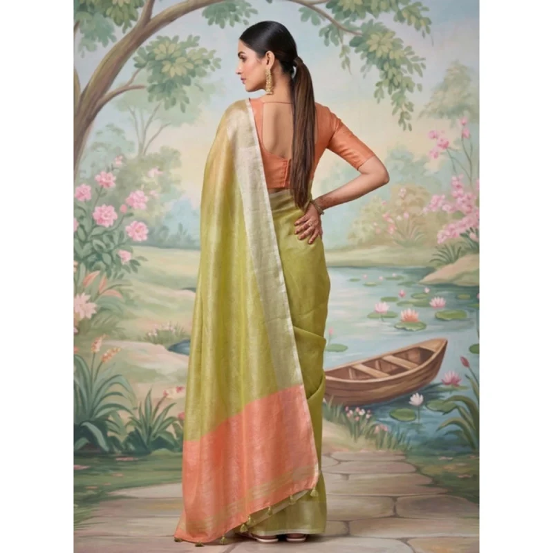 Women's Tissue Silk Solid Saree With Unstitched Blouse 5.5Mtr (Green) - Image 3