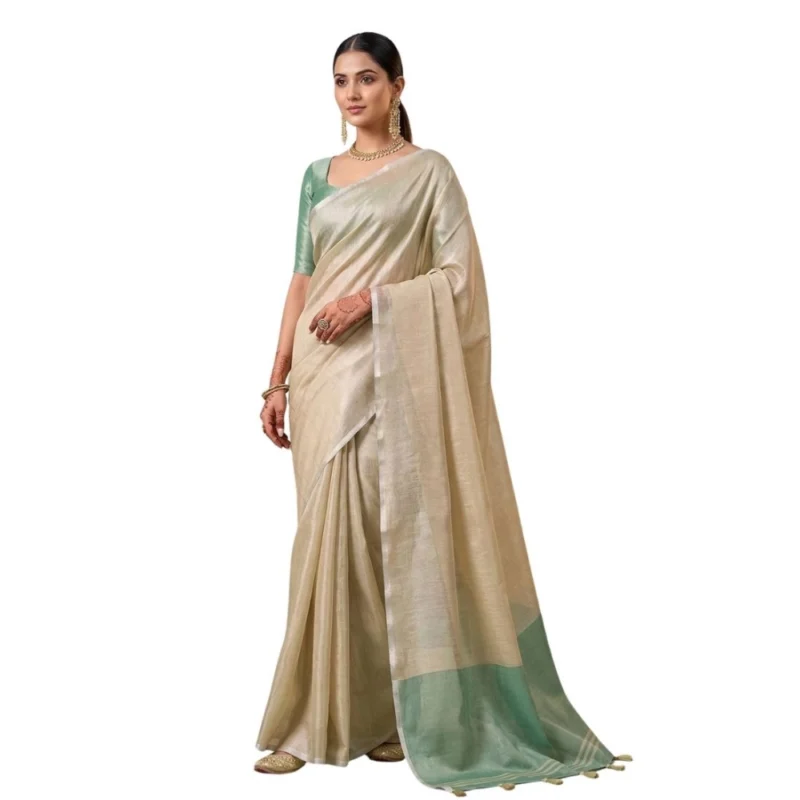 Women's Tissue Silk Solid Saree With Unstitched Blouse 5.5Mtr (Beige) - Image 2
