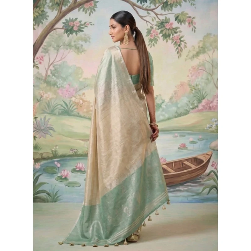 Women's Tissue Silk Solid Saree With Unstitched Blouse 5.5Mtr (Beige) - Image 3