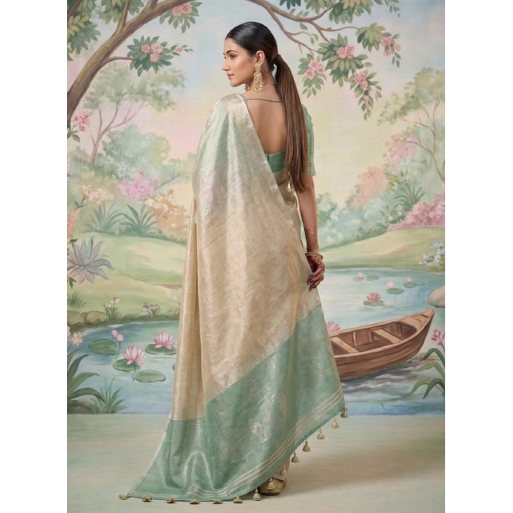 Women's Tissue Silk Solid Saree With Unstitched Blouse 5.5Mtr (Beige) - Image 3