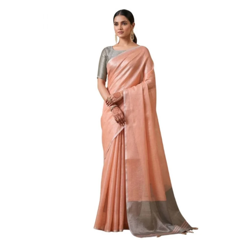 Women's Tissue Silk Solid Saree With Unstitched Blouse 5.5Mtr (Peach) - Image 2