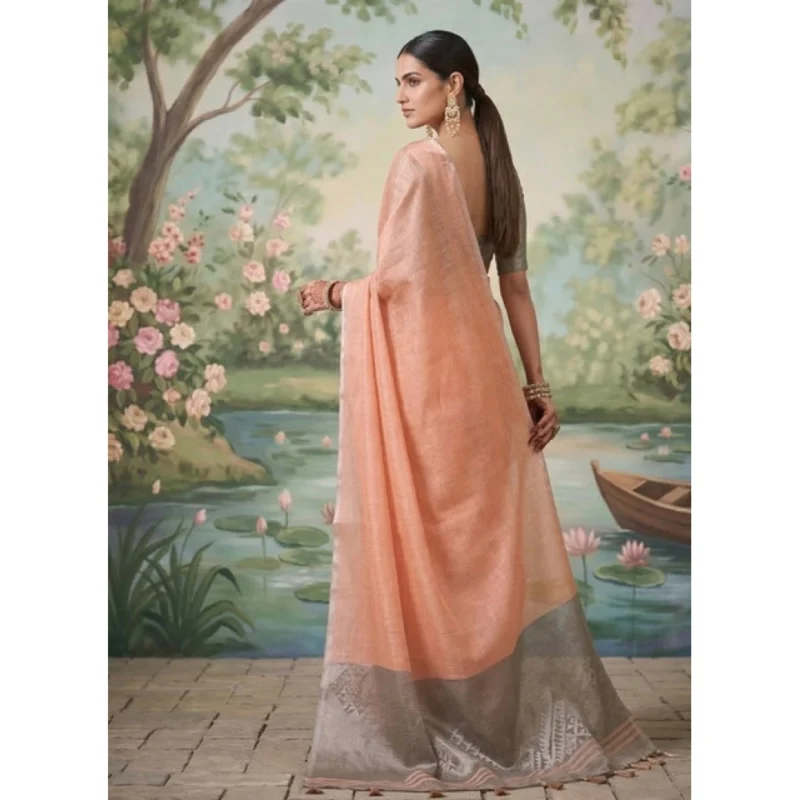 Women's Tissue Silk Solid Saree With Unstitched Blouse 5.5Mtr (Peach) - Image 3