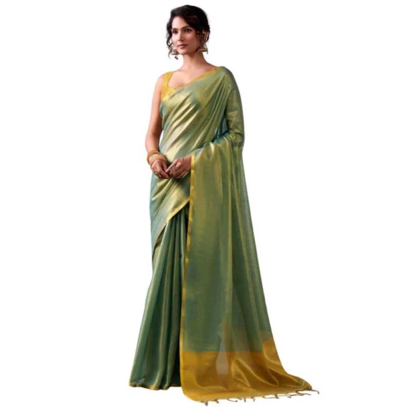Women's Tissue Silk Solid Saree With Unstitched Blouse 5.5Mtr (Light Green) - Image 2