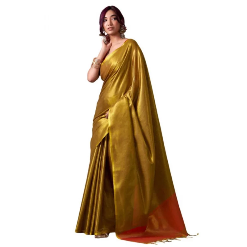 Women's Tissue Silk Solid Saree With Unstitched Blouse 5.5Mtr (Mustard) - Image 2