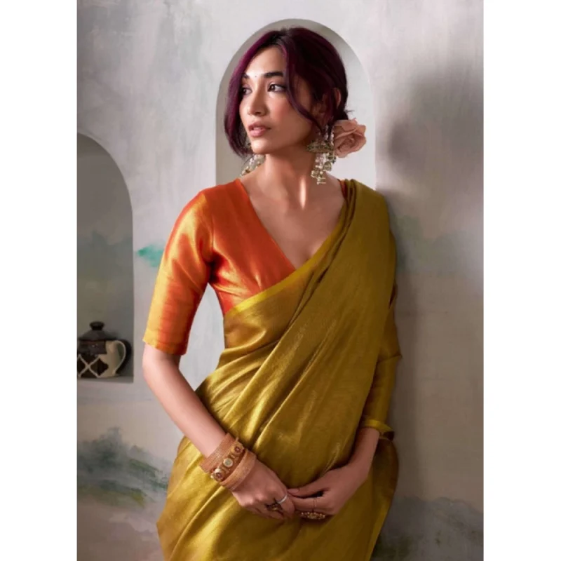 Women's Tissue Silk Solid Saree With Unstitched Blouse 5.5Mtr (Mustard) - Image 3