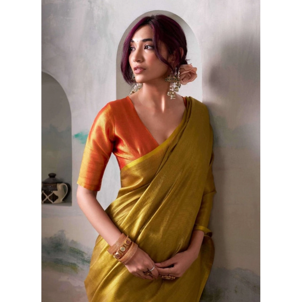 Women's Tissue Silk Solid Saree With Unstitched Blouse 5.5Mtr (Mustard) - Image 3