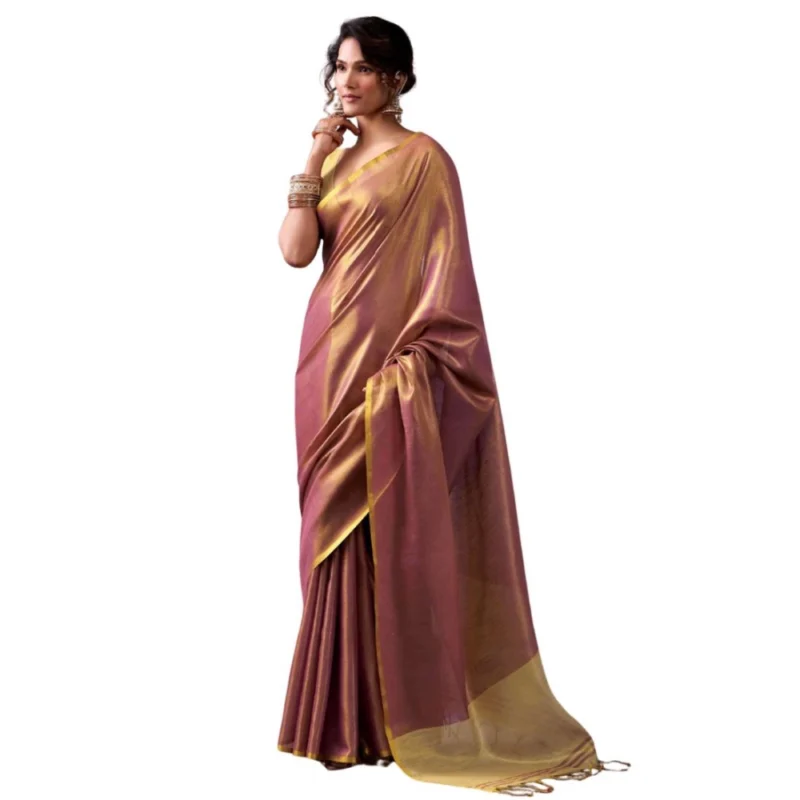 Women's Tissue Silk Solid Saree With Unstitched Blouse 5.5Mtr (Purple) - Image 2