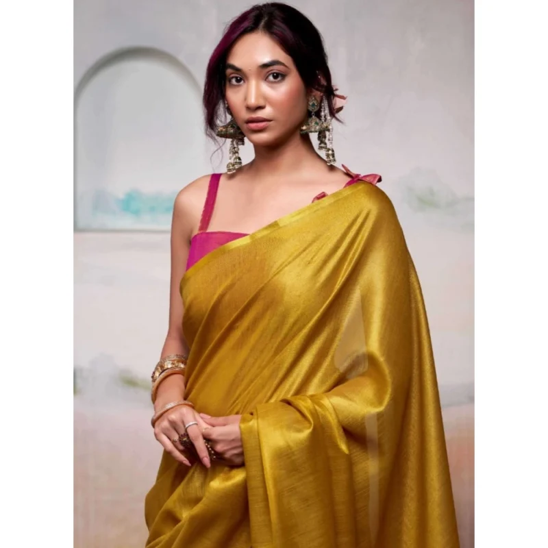 Women's Tissue Silk Solid Saree With Unstitched Blouse 5.5Mtr (Yellow)
