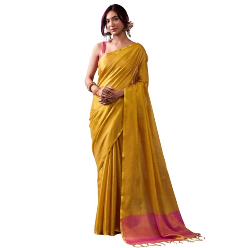 Women's Tissue Silk Solid Saree With Unstitched Blouse 5.5Mtr (Yellow) - Image 2