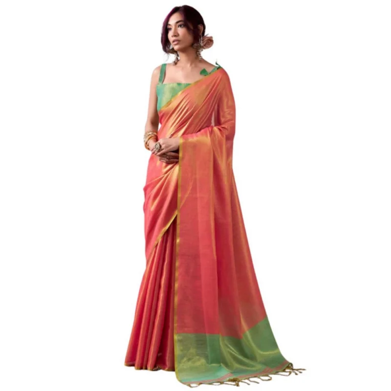 Women's Tissue Silk Solid Saree With Unstitched Blouse 5.5Mtr (Peach) - Image 2