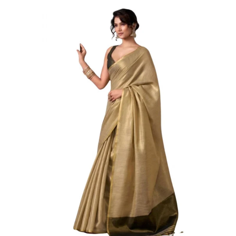 Women's Tissue Silk Solid Saree With Unstitched Blouse 5.5Mtr (Gold) - Image 2