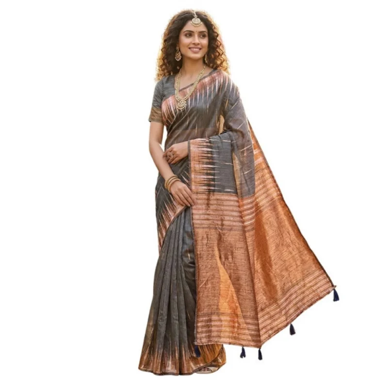 Women's Linen Cotton Printed Saree With Unstitched Blouse 5.5Mtr (Grey) - Image 2