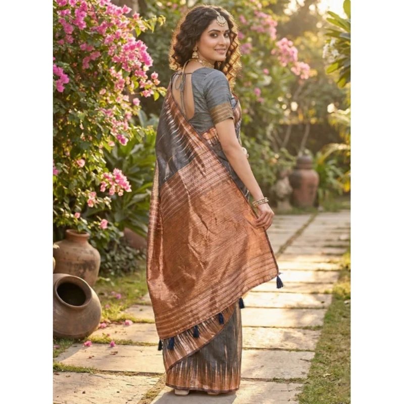 Women's Linen Cotton Printed Saree With Unstitched Blouse 5.5Mtr (Grey) - Image 3