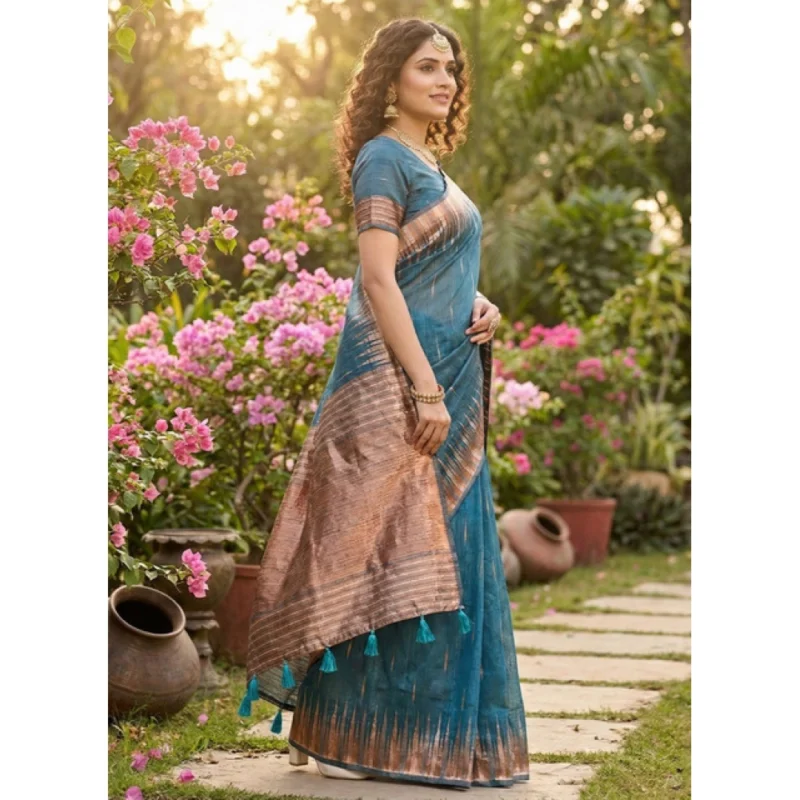 Women's Linen Cotton Printed Saree With Unstitched Blouse 5.5Mtr (Blue)
