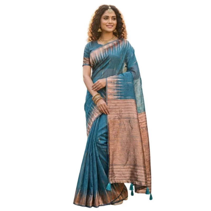 Women's Linen Cotton Printed Saree With Unstitched Blouse 5.5Mtr (Blue) - Image 2