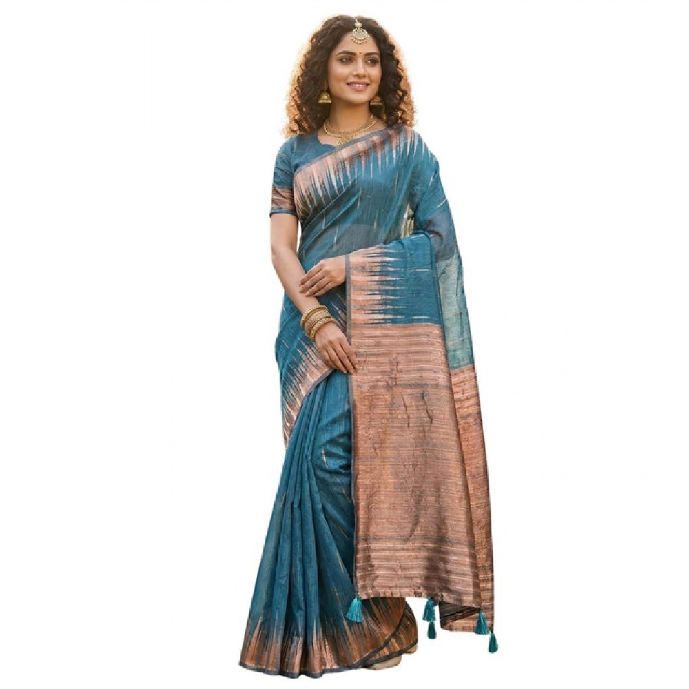 Women's Linen Cotton Printed Saree With Unstitched Blouse 5.5Mtr (Blue) - Image 2