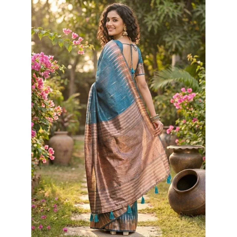 Women's Linen Cotton Printed Saree With Unstitched Blouse 5.5Mtr (Blue) - Image 3