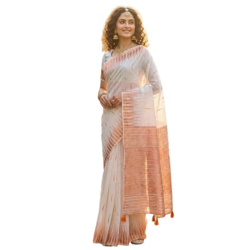 Women's Linen Cotton Printed Saree With Unstitched Blouse 5.5Mtr (White) - Image 2
