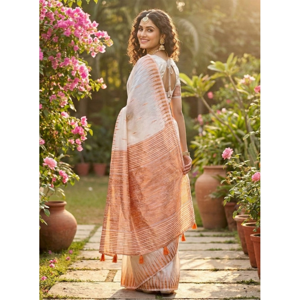 Women's Linen Cotton Printed Saree With Unstitched Blouse 5.5Mtr (White) - Image 3