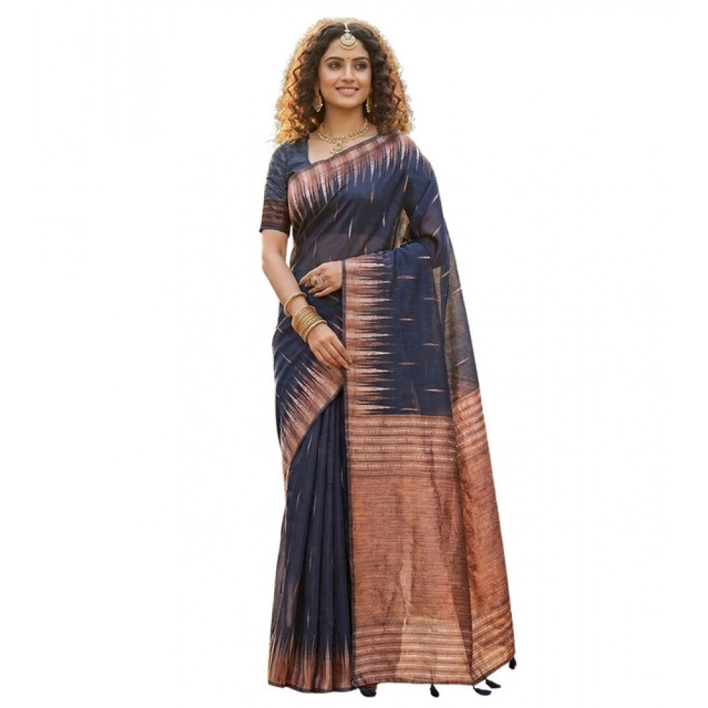 Women's Linen Cotton Printed Saree With Unstitched Blouse 5.5Mtr (Navy Blue) - Image 2