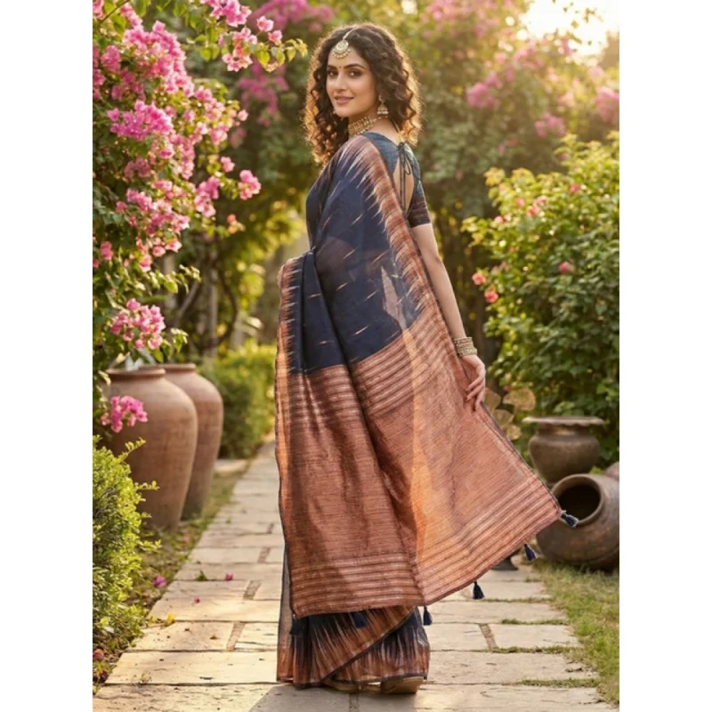 Women's Linen Cotton Printed Saree With Unstitched Blouse 5.5Mtr (Navy Blue) - Image 3