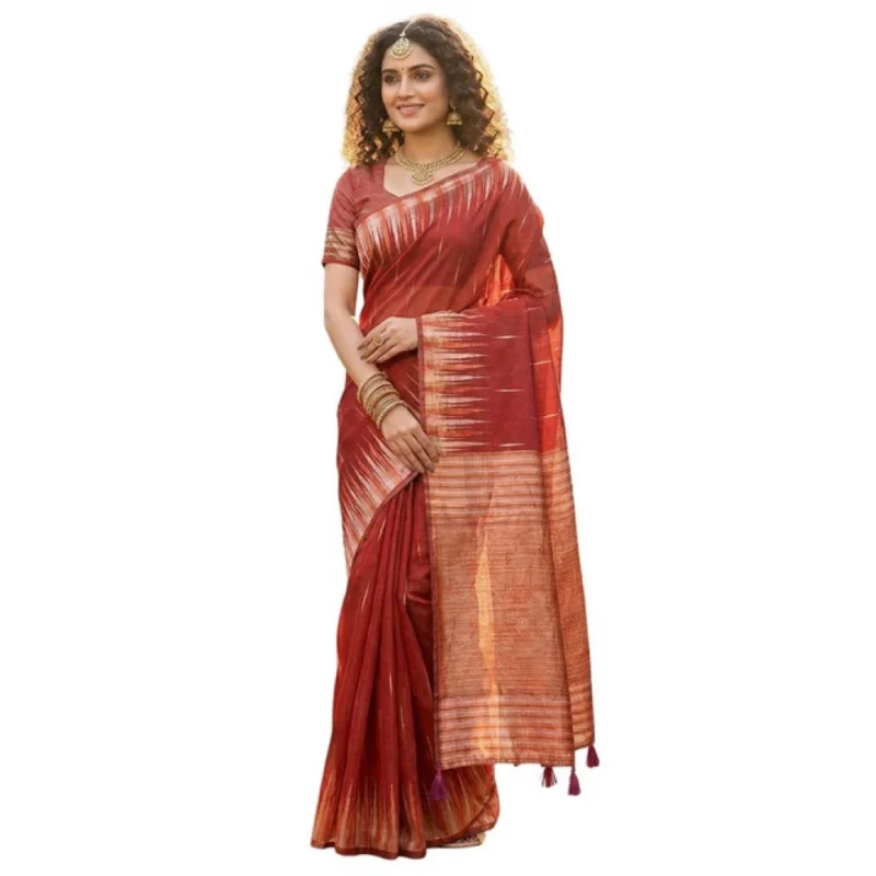 Women's Linen Cotton Printed Saree With Unstitched Blouse 5.5Mtr (Red) - Image 2